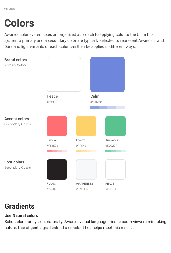 Aware branding colours, each named after a feeling